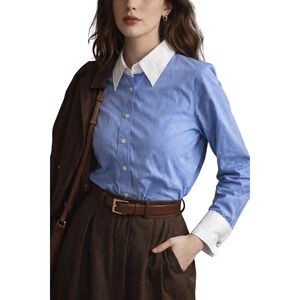 Vintage Ann Taylor Blue Button Down Contrast White Collar French Cuff Small PS